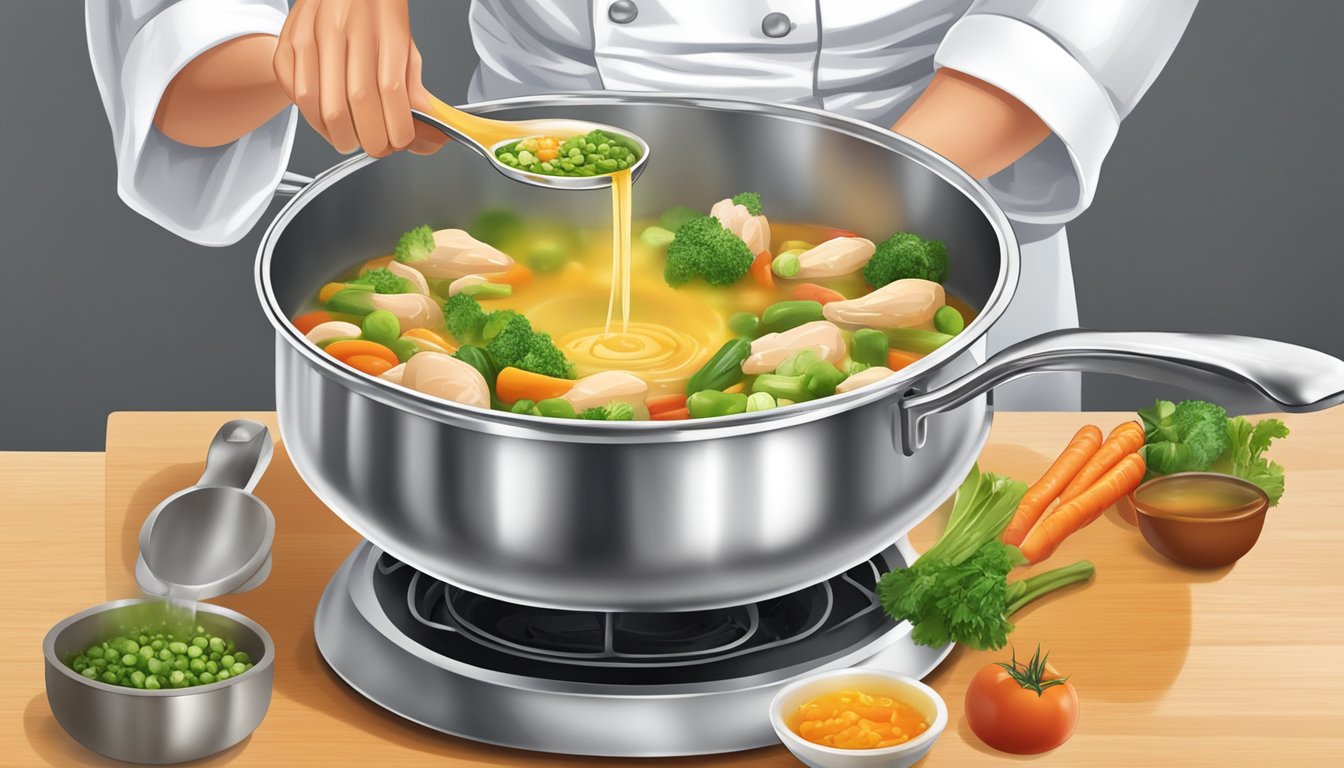 A chef pours a ladle of chicken broth into a pot of sautéed vegetables, then stirs in a mixture of vegetable bouillon and water