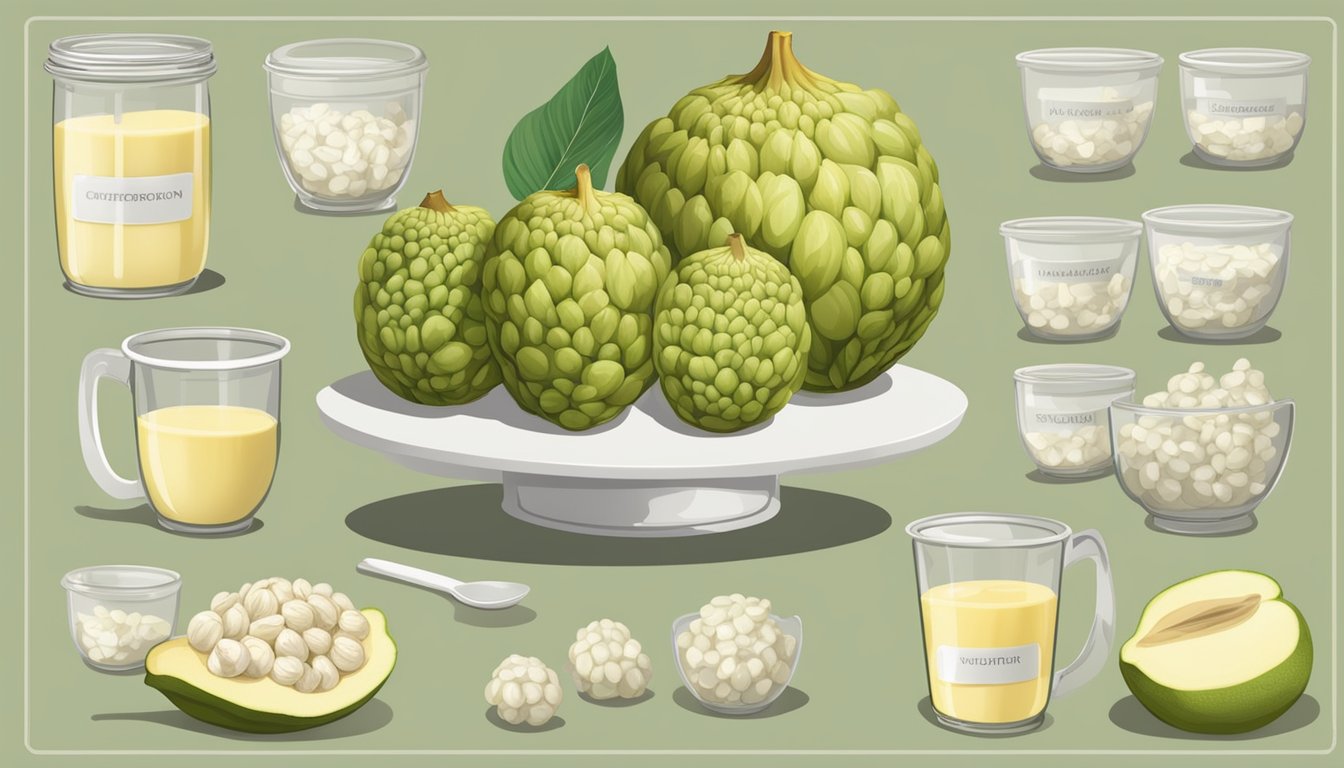 A table with cherimoya and custard apple surrounded by measuring cups and nutritional labels