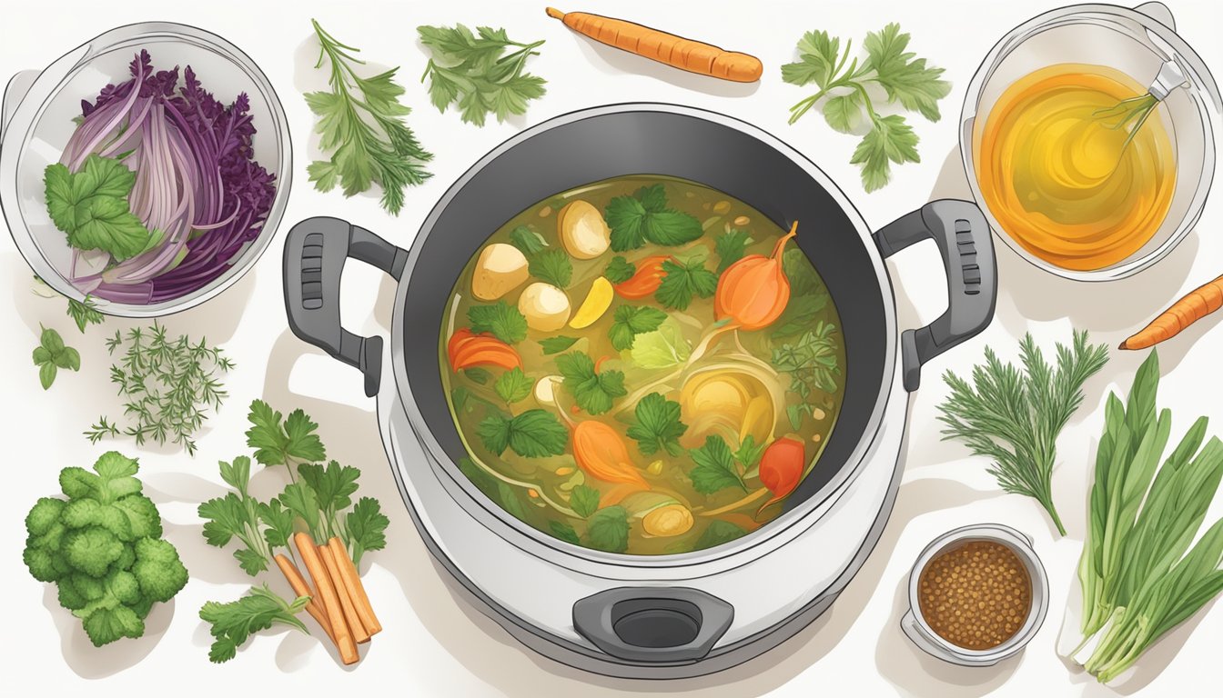 A pot of simmering vegetable broth with various herbs and spices being added for additional flavor enhancement