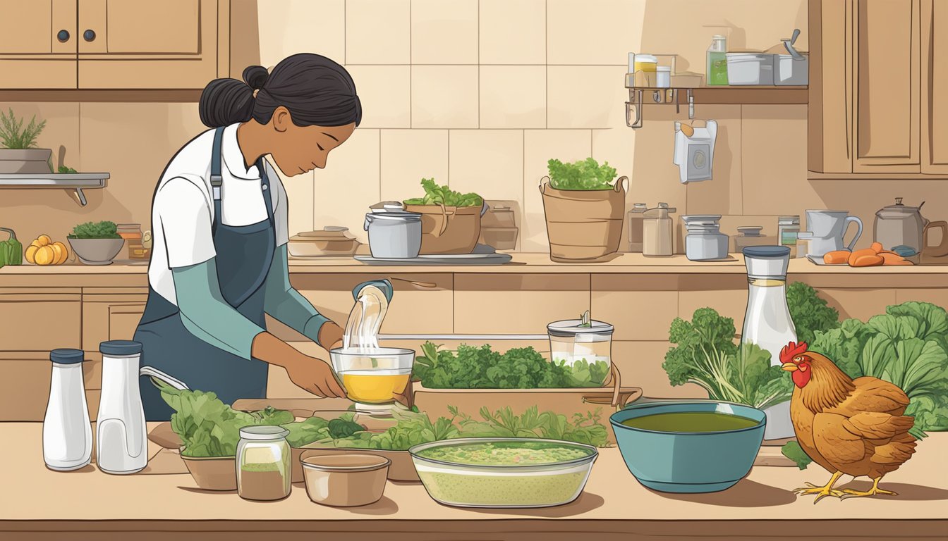 A cook pours vegetable broth into a measuring cup, while a chicken broth carton sits nearby. Ingredients like herbs and vegetables are laid out on the counter