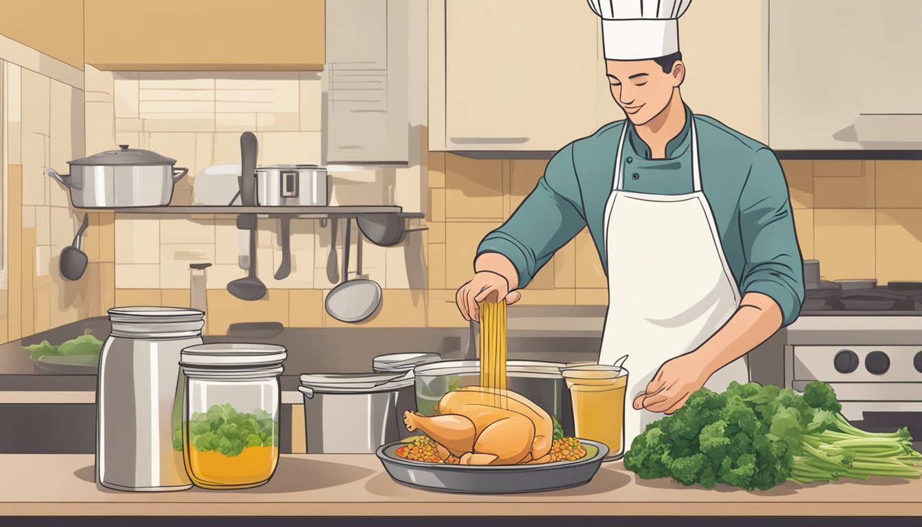 A chef pouring chicken broth into a pot of vegetables, with a jar of vegetable broth sitting unused on the counter