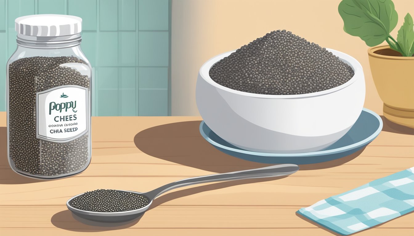 A small dish of chia seeds sits next to a jar of poppy seeds on a kitchen counter. A measuring spoon scoops chia seeds into a recipe