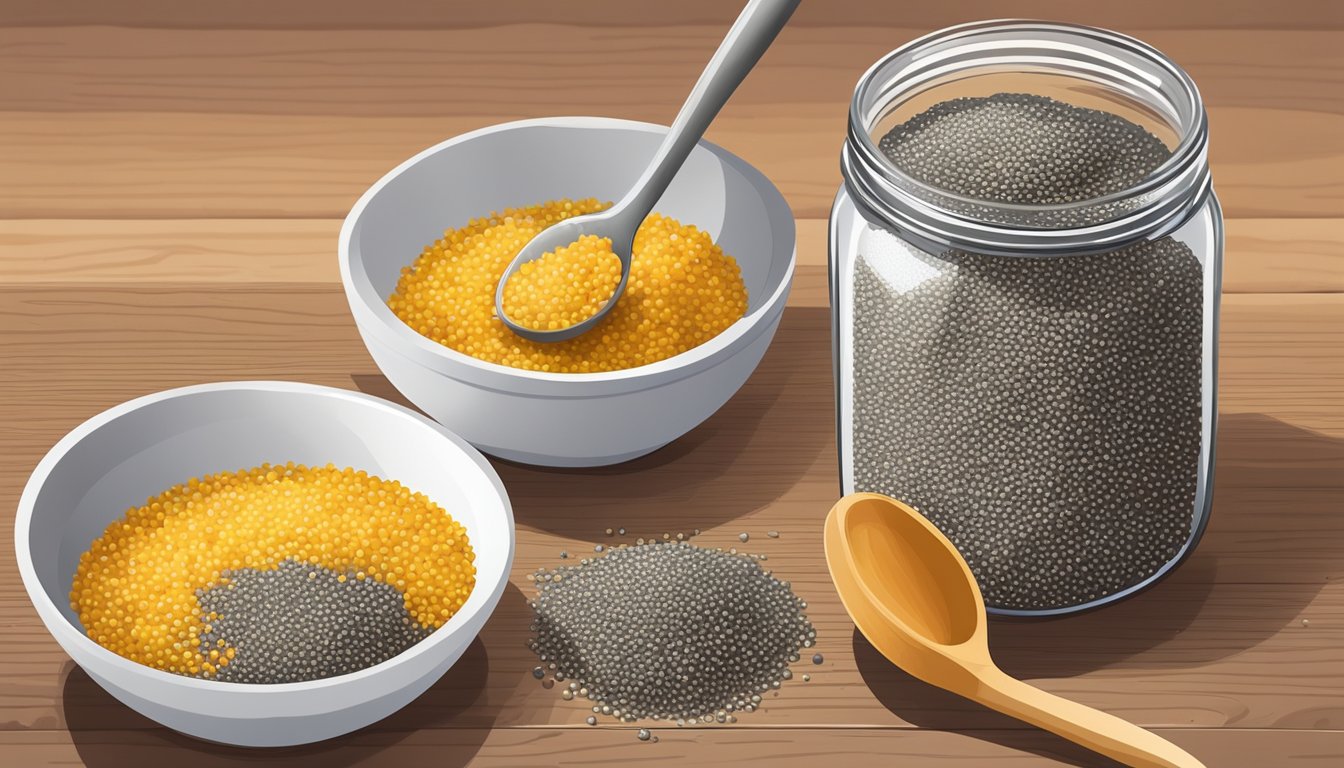 A small bowl of chia seeds sits next to a jar of poppy seeds on a wooden kitchen counter. A measuring spoon is scooping chia seeds into a recipe