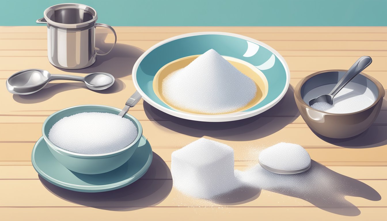 A bowl of caster sugar next to a bowl of icing sugar, with a measuring spoon and a recipe book open to a page about sugar substitutes