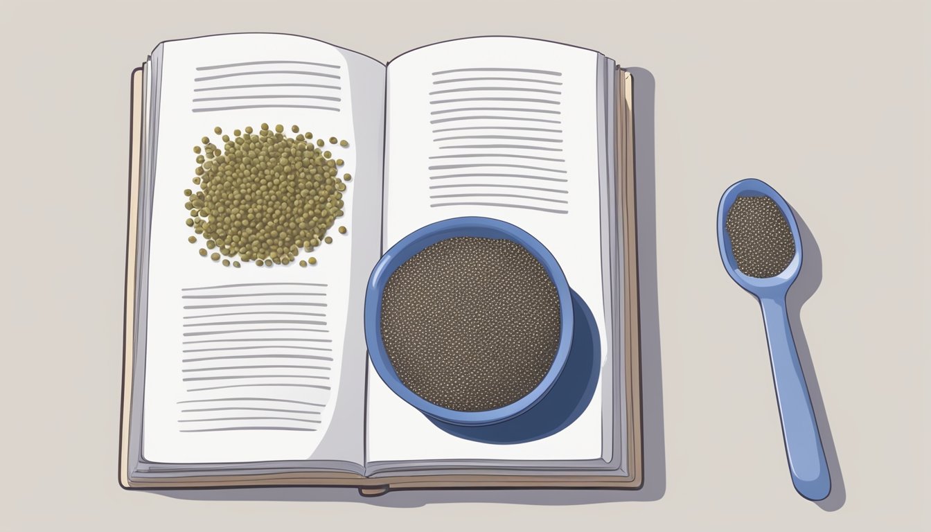 A small bowl of chia seeds next to a measuring spoon and a recipe book open to a page about poppy seed substitutes