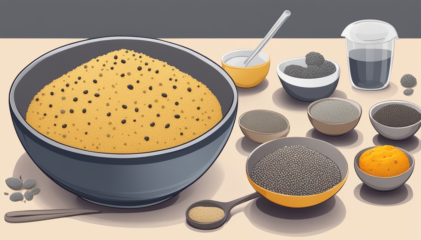 A bowl of baked goods with chia seeds next to a bowl of poppy seeds, surrounded by various ingredients and measuring tools