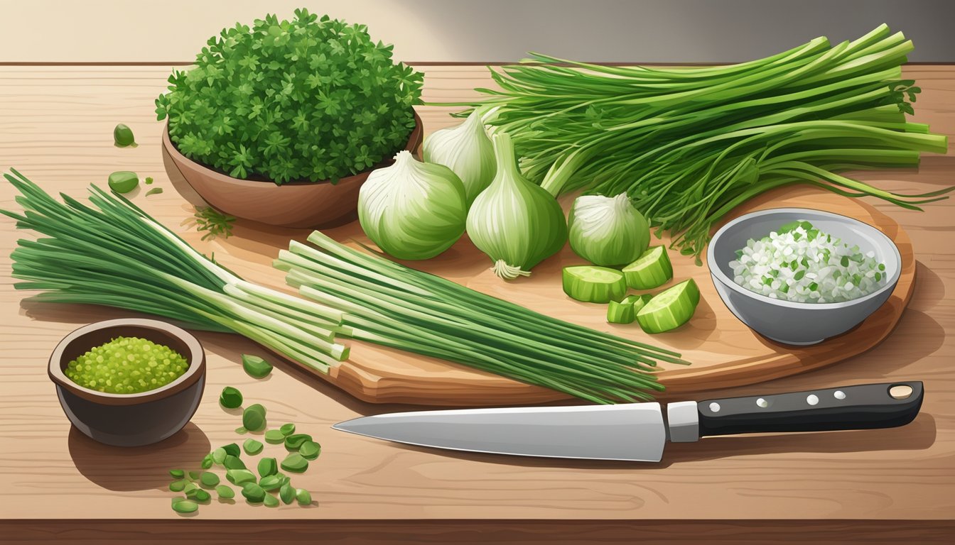 A cutting board with chopped chives and green onions, alongside a bowl of various herbs and spices