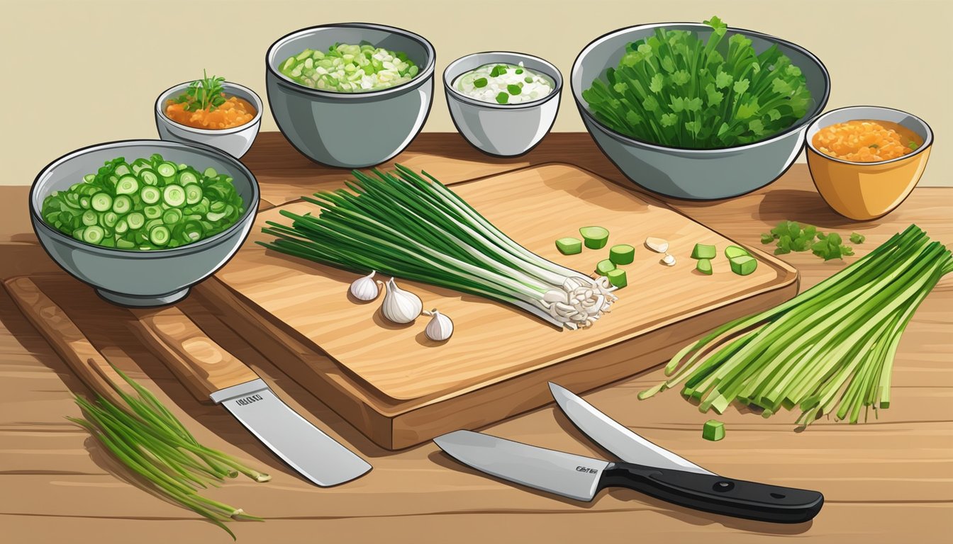 A cutting board with green onions and chives, a knife, and various dishes like salads and soups