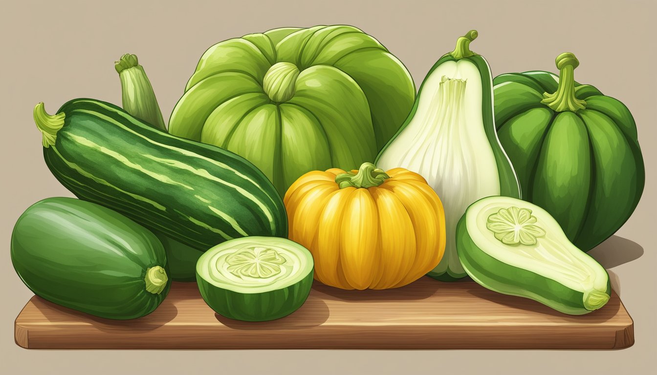 A colorful array of zucchinis and chayote squash, with their distinct shapes and textures, arranged on a wooden cutting board