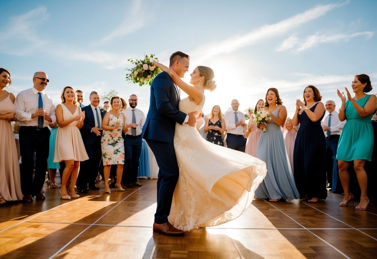 A couple twirls on a sunlit dance floor, surrounded by joyful guests