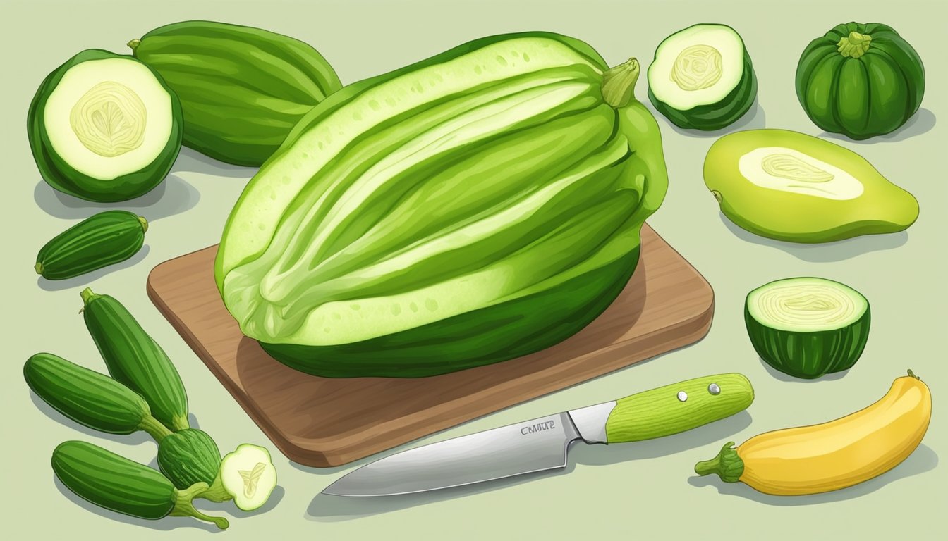 A kitchen counter with chayote squash and zucchini, a knife slicing the chayote to show the substitution process