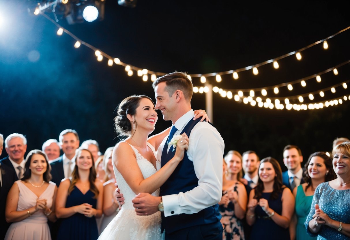 A couple dancing joyfully under a spotlight, surrounded by twinkling lights and a crowd of smiling guests