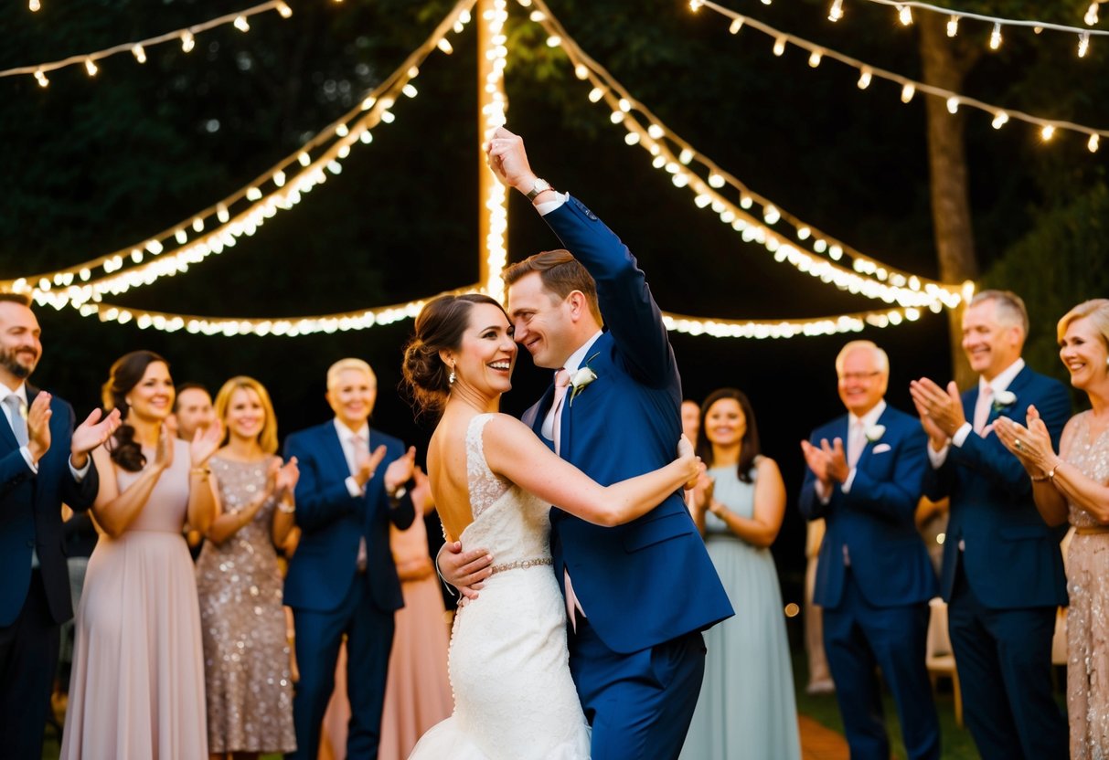A couple dances joyfully under a canopy of twinkling lights, surrounded by friends and family clapping and cheering