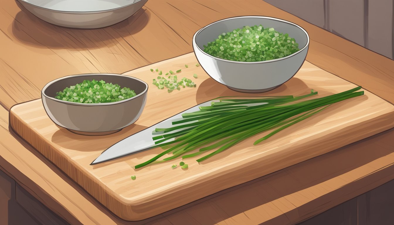 A cutting board with chopped chives in place of green onions. A small bowl of chopped chives sits nearby