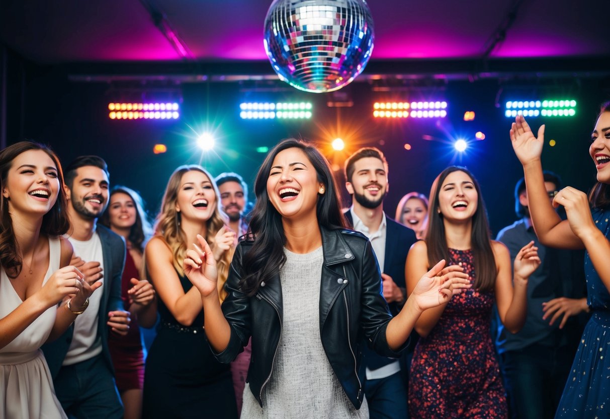 A group of people laughing and moving to the music, with colorful lights flashing and a disco ball spinning overhead