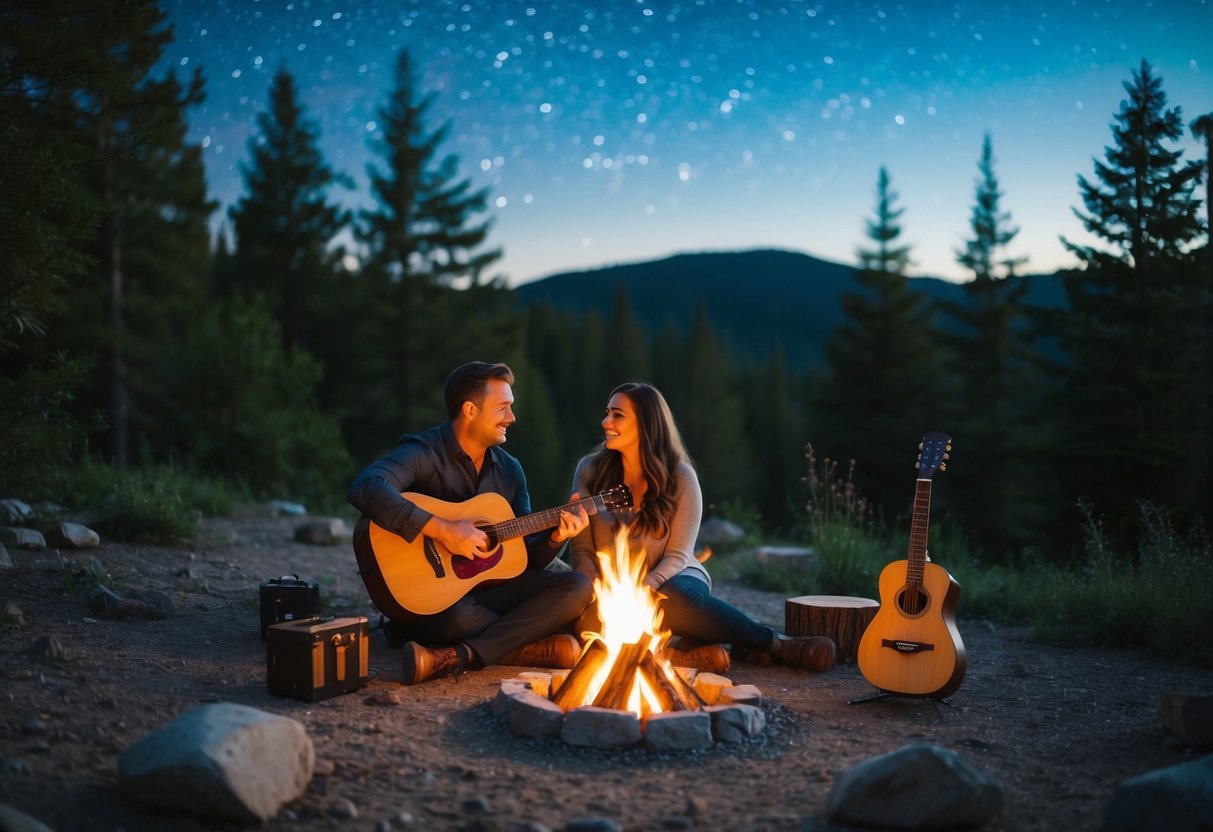 A couple sitting by a campfire under the stars, surrounded by nature, with a guitar and a serene atmosphere