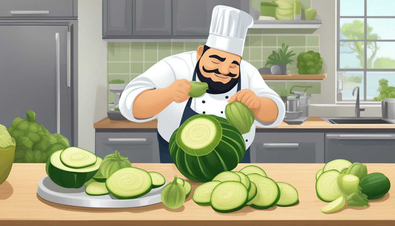 A chef slices chayote squash and zucchini, comparing their textures and sizes for a recipe substitution