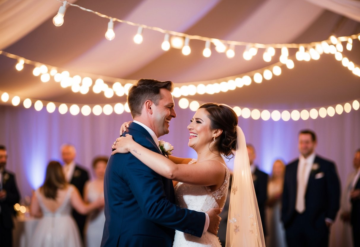 A couple joyfully dances under twinkling lights at their wedding reception