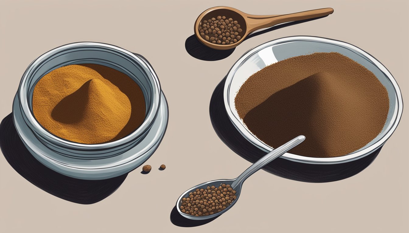 A small bowl of Chinese five spice powder next to a dish of allspice berries, with a measuring spoon scooping out the Chinese five spice to replace the allspice