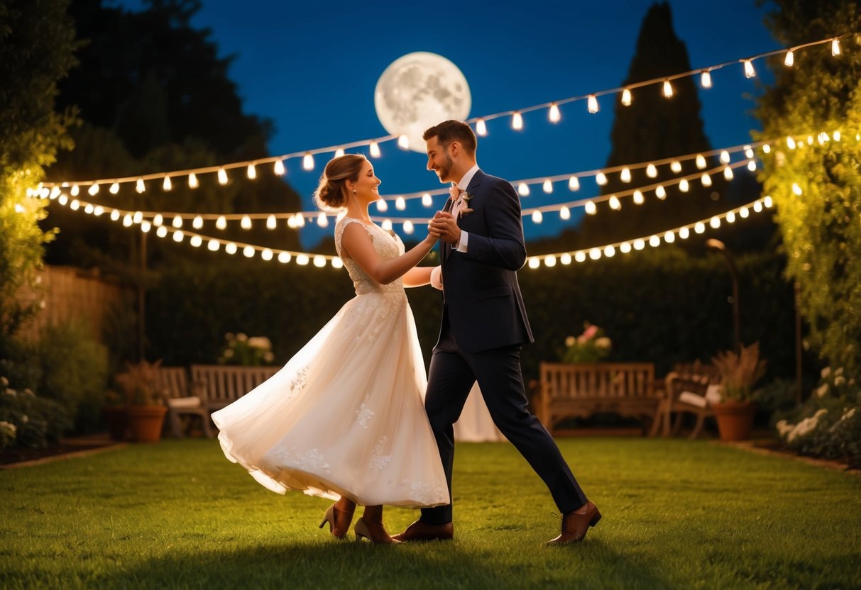 A couple slow dancing under the stars in a moonlit garden