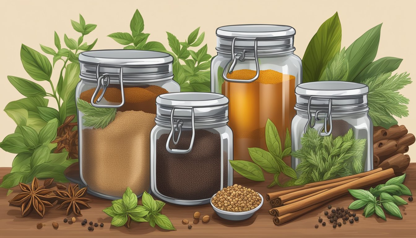 A kitchen counter with jars of Chinese five spice powder and allspice, surrounded by various herbs and spices