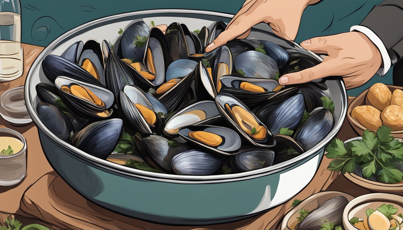 A pot of steaming clams and mussels, with a chef's hand reaching in to remove one, surrounded by garlic, herbs, and wine