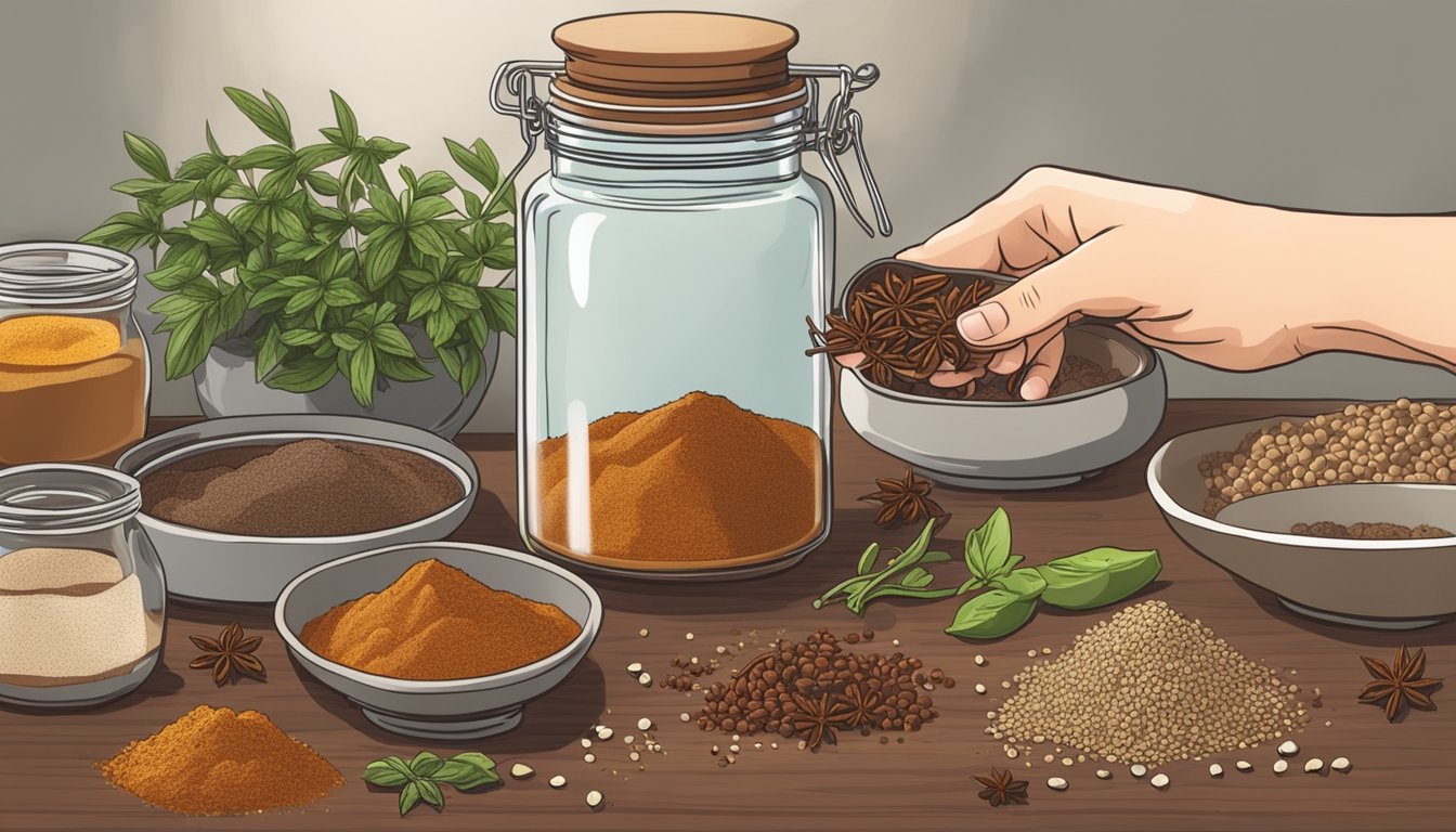 A hand reaching for a jar of Chinese five spice powder next to a bowl of allspice, surrounded by various herbs and spices on a kitchen counter