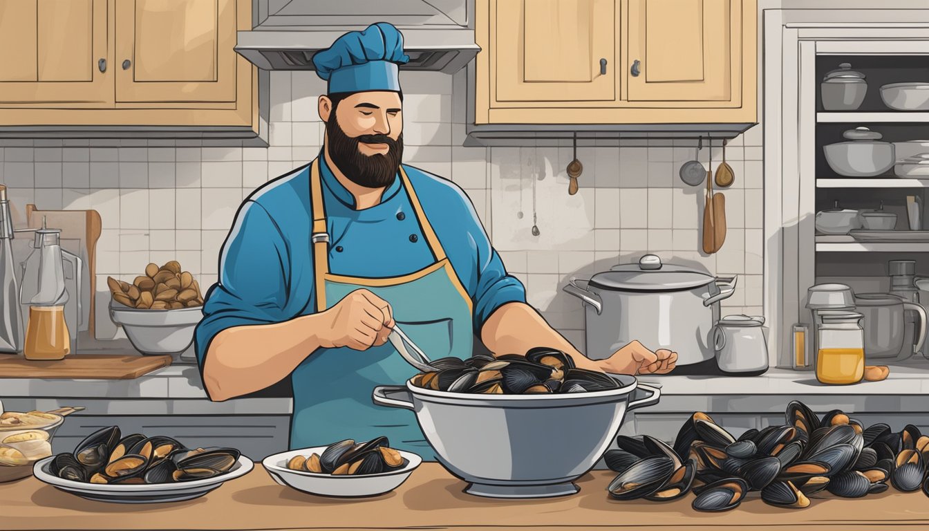 A chef swaps a bowl of mussels for clams, displaying their nutritional differences on a kitchen counter