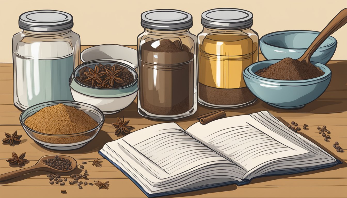 A kitchen counter with jars of Chinese five spice and allspice, a recipe book open to a page on cooking substitutes, and a mixing spoon