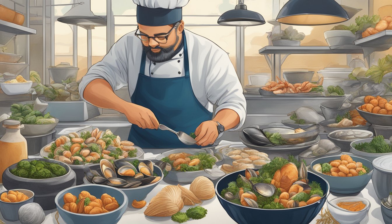 A chef swaps out clams for mussels in a dish, surrounded by a variety of sustainable seafood options and fresh ingredients