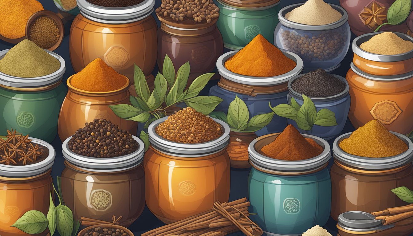 A vibrant display of various spices, including Chinese five spice powder and allspice, arranged in decorative jars and bowls