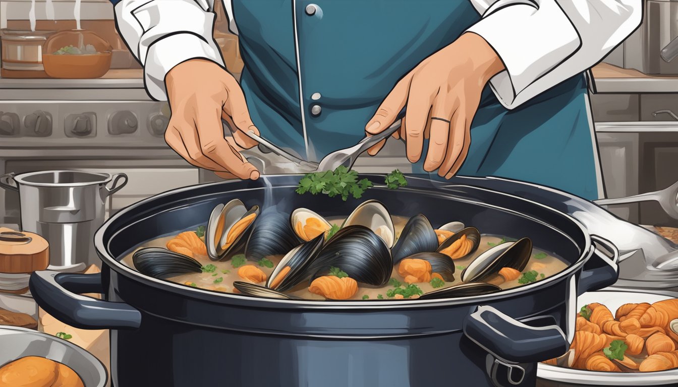 A chef swapping out clams for mussels in a steaming pot of seafood stew