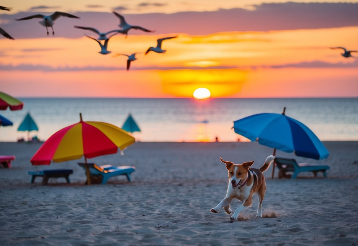 A vibrant sunset over a tranquil beach, with colorful umbrellas and a playful dog chasing seagulls