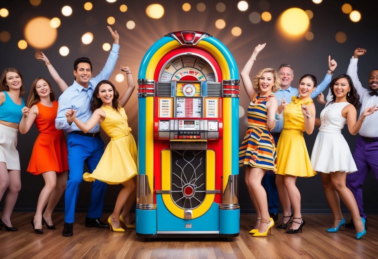 A colorful jukebox playing upbeat music surrounded by smiling, dancing figures