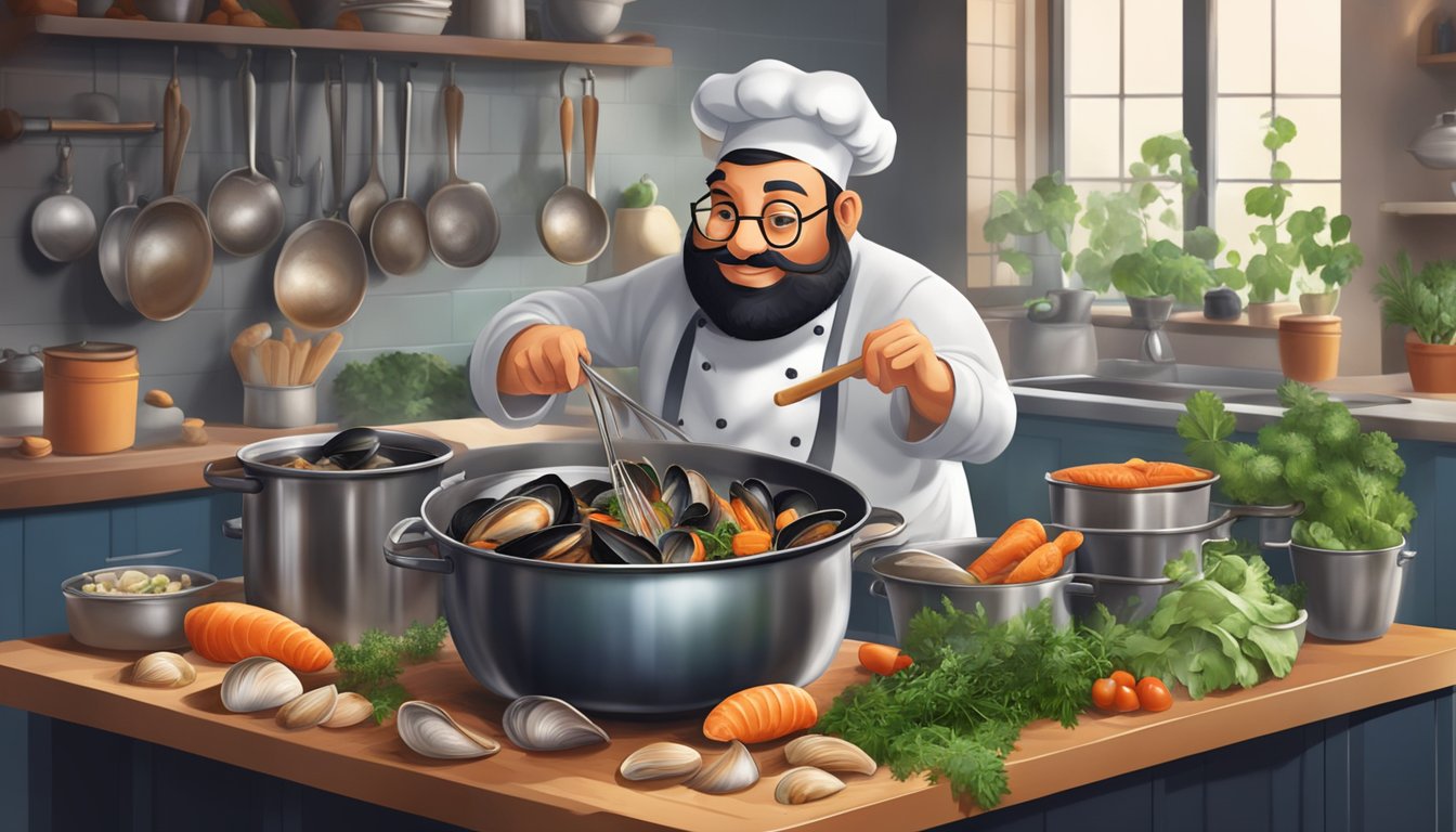 A chef swaps out clams for mussels in a steaming pot of seafood stew, adding in fresh herbs and vegetables