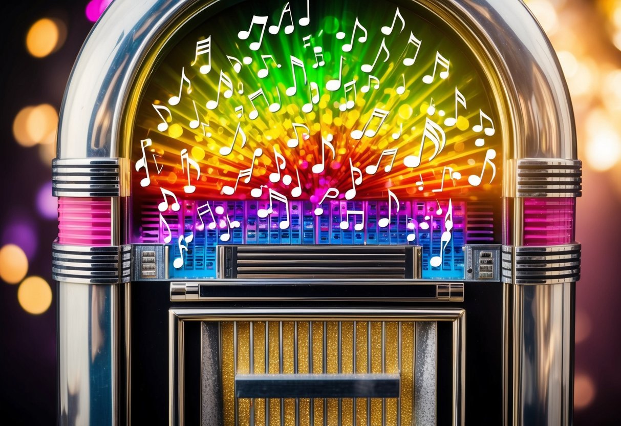 A vibrant rainbow of musical notes bursting from a jukebox, filling the air with joy and energy
