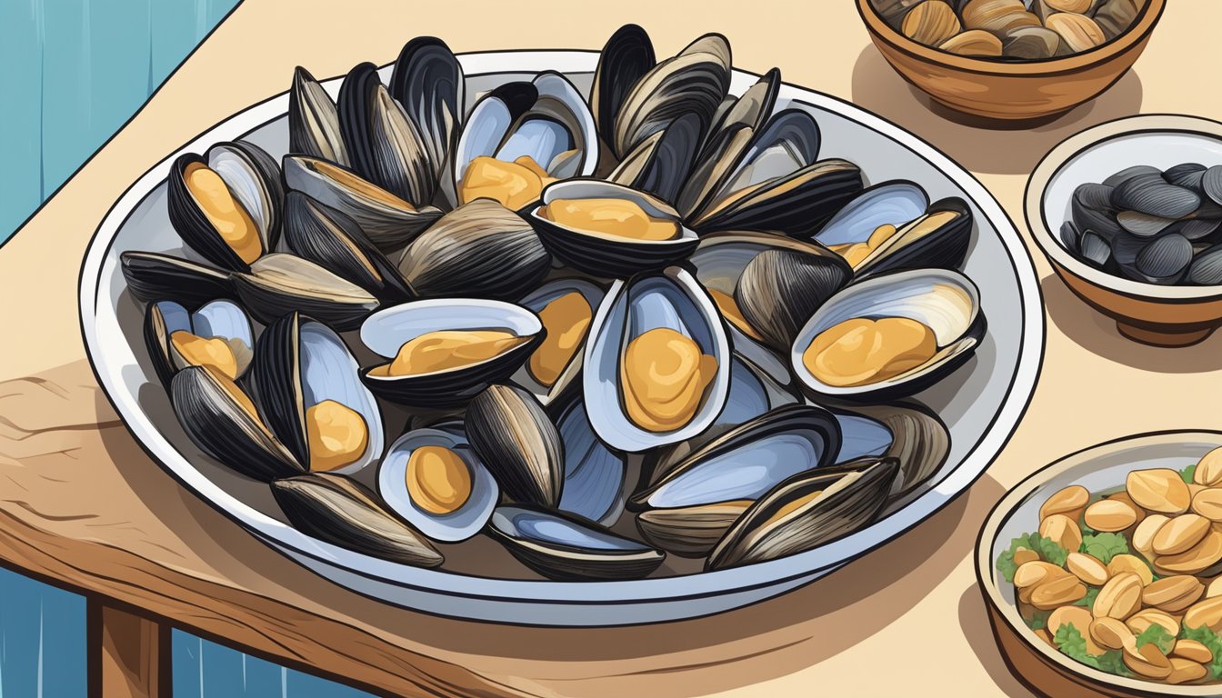 A variety of clams arranged next to a bowl of mussels, with an arrow pointing from the clams to the mussels, indicating substitution