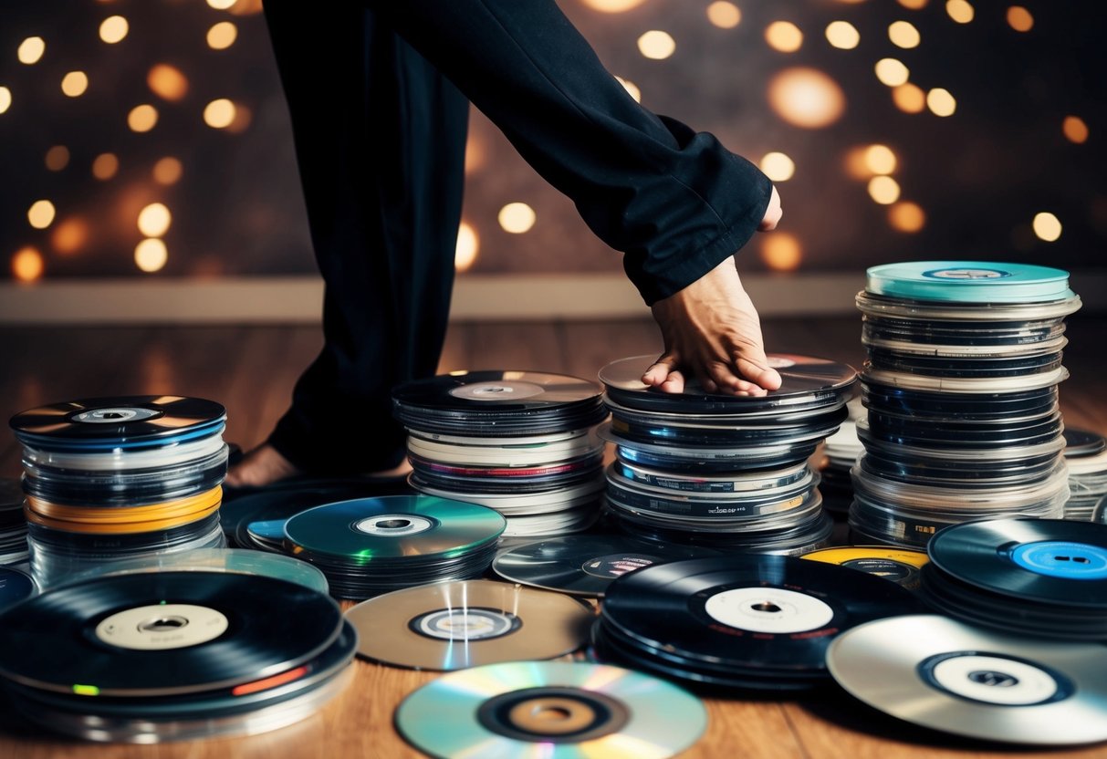 A dancer listens to various music genres, surrounded by a pile of CDs and vinyl records, while tapping their foot to the rhythm