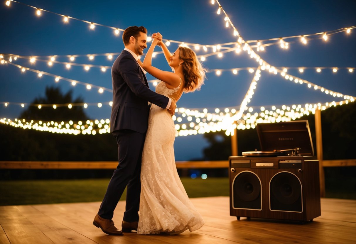 A couple dancing under the stars, surrounded by twinkling lights, with a record player playing romantic songs in the background