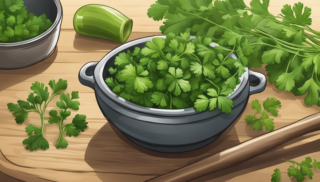 Fresh cilantro leaves replacing parsley in a recipe, with a mortar and pestle nearby