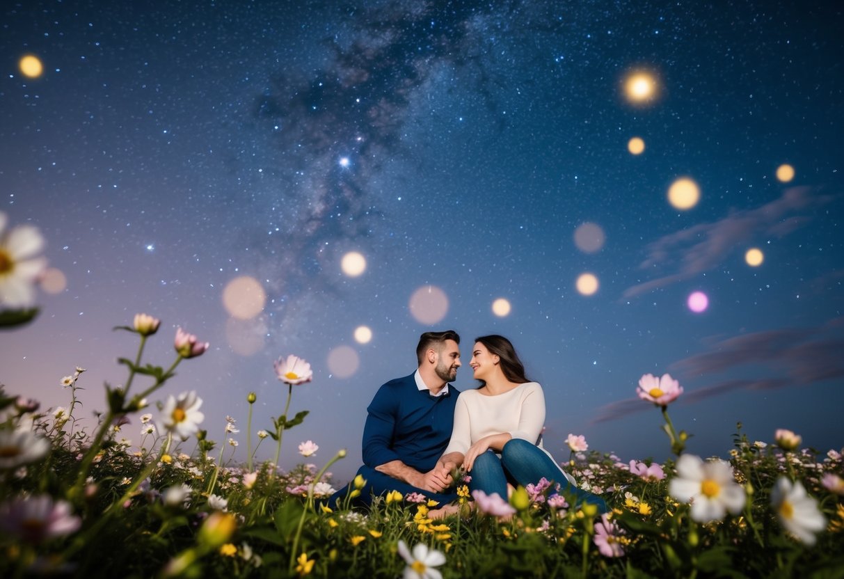 A couple sits under a starry sky, surrounded by blooming flowers, as a gentle breeze carries the soft melody of a love song