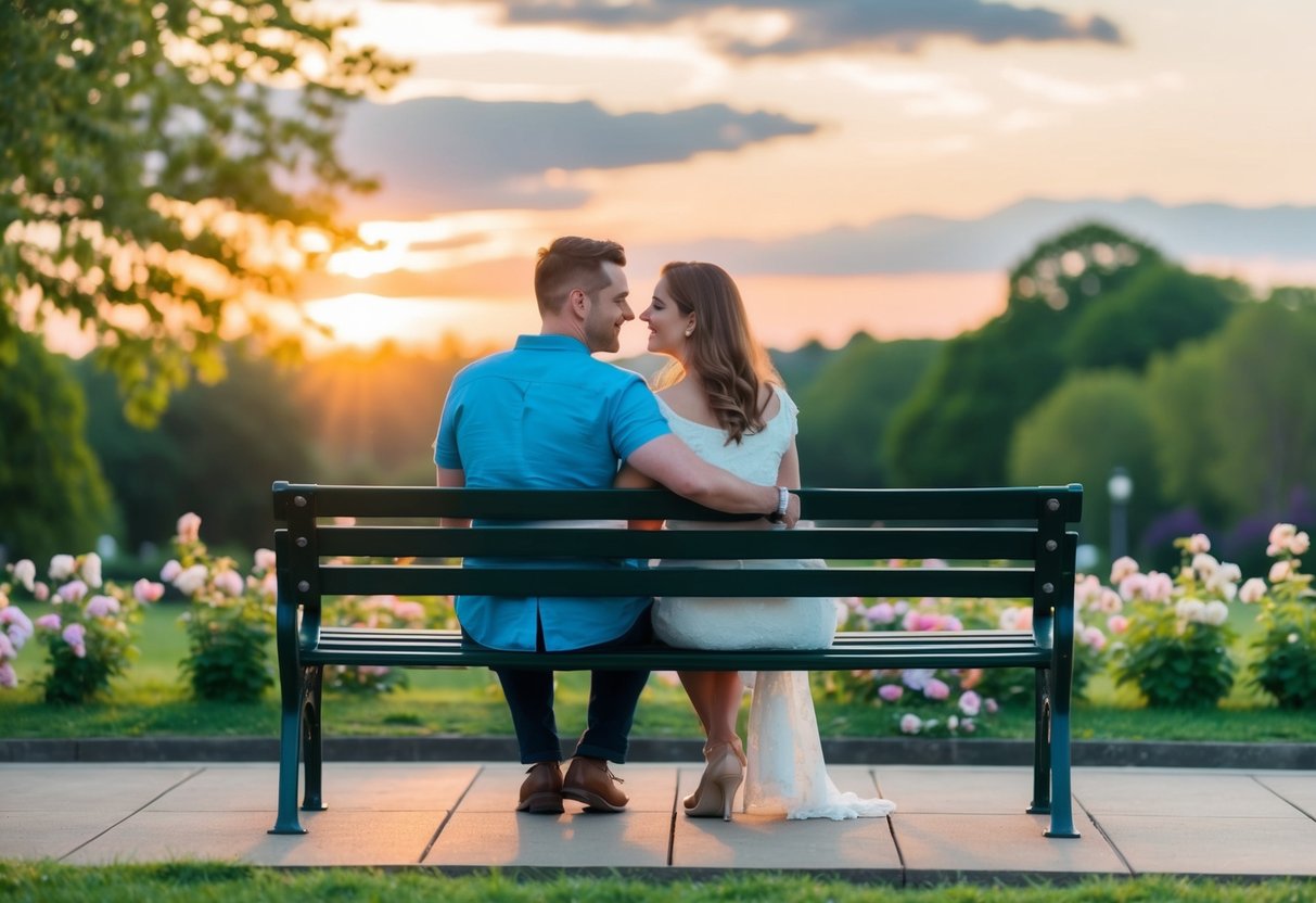 A couple sits on a park bench, surrounded by blooming flowers and a gentle breeze. The sun sets behind them as they listen to romantic songs from 'A Love So Beautiful.'