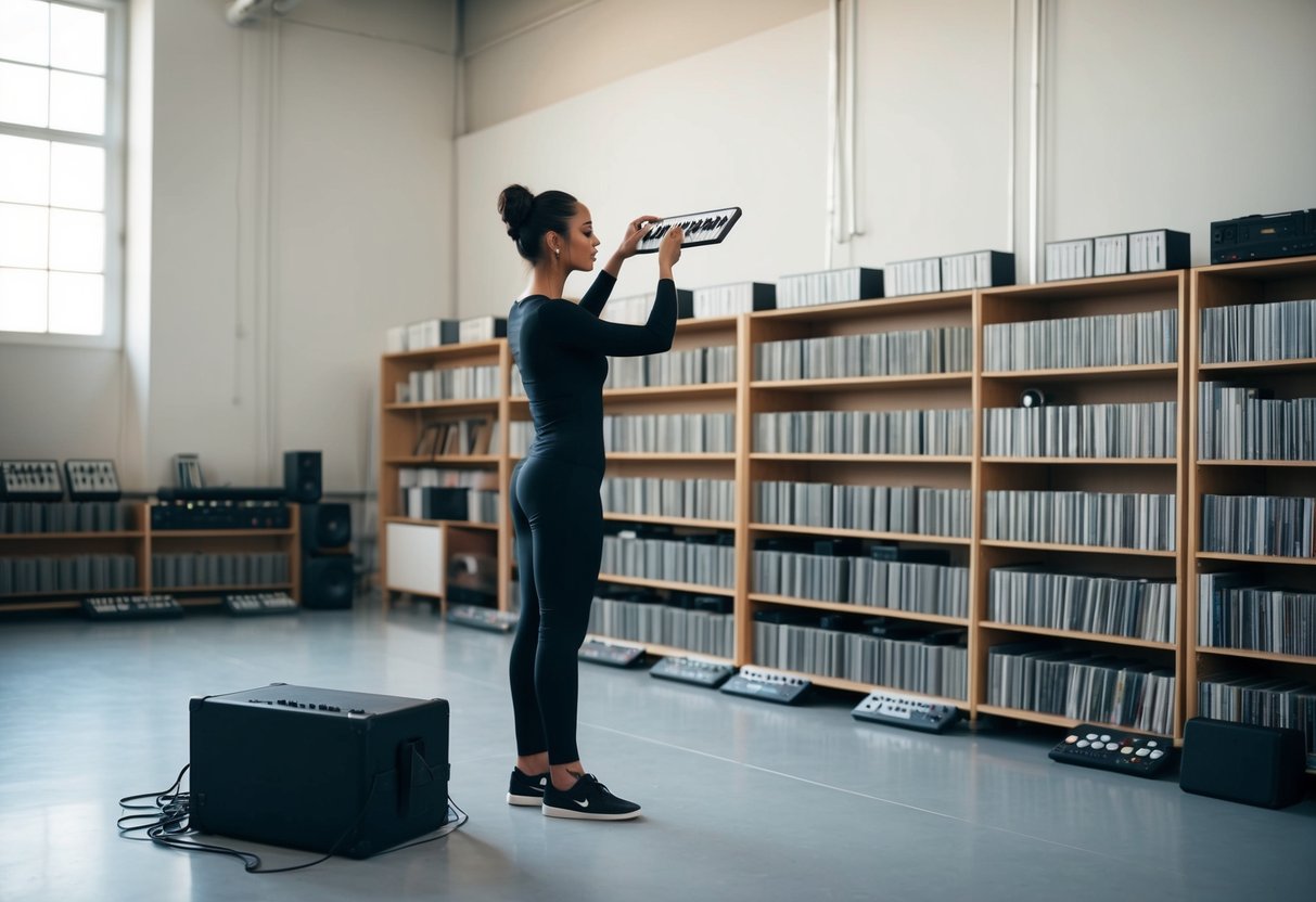 A choreographer stands in a spacious dance studio, surrounded by shelves of music. They carefully listen to different tracks, searching for the perfect floor music
