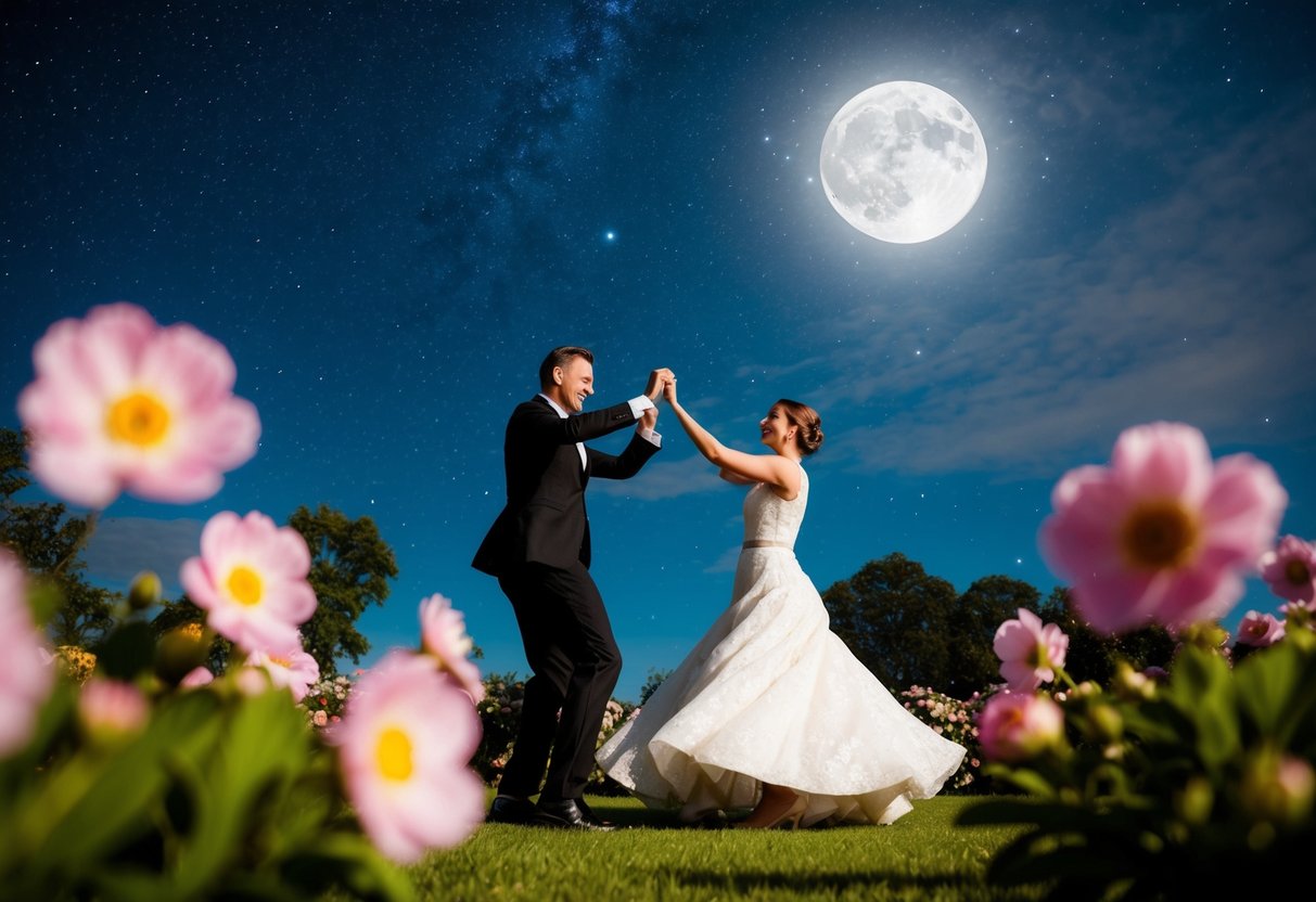 A couple dancing under a starry sky, surrounded by blooming flowers and a full moon