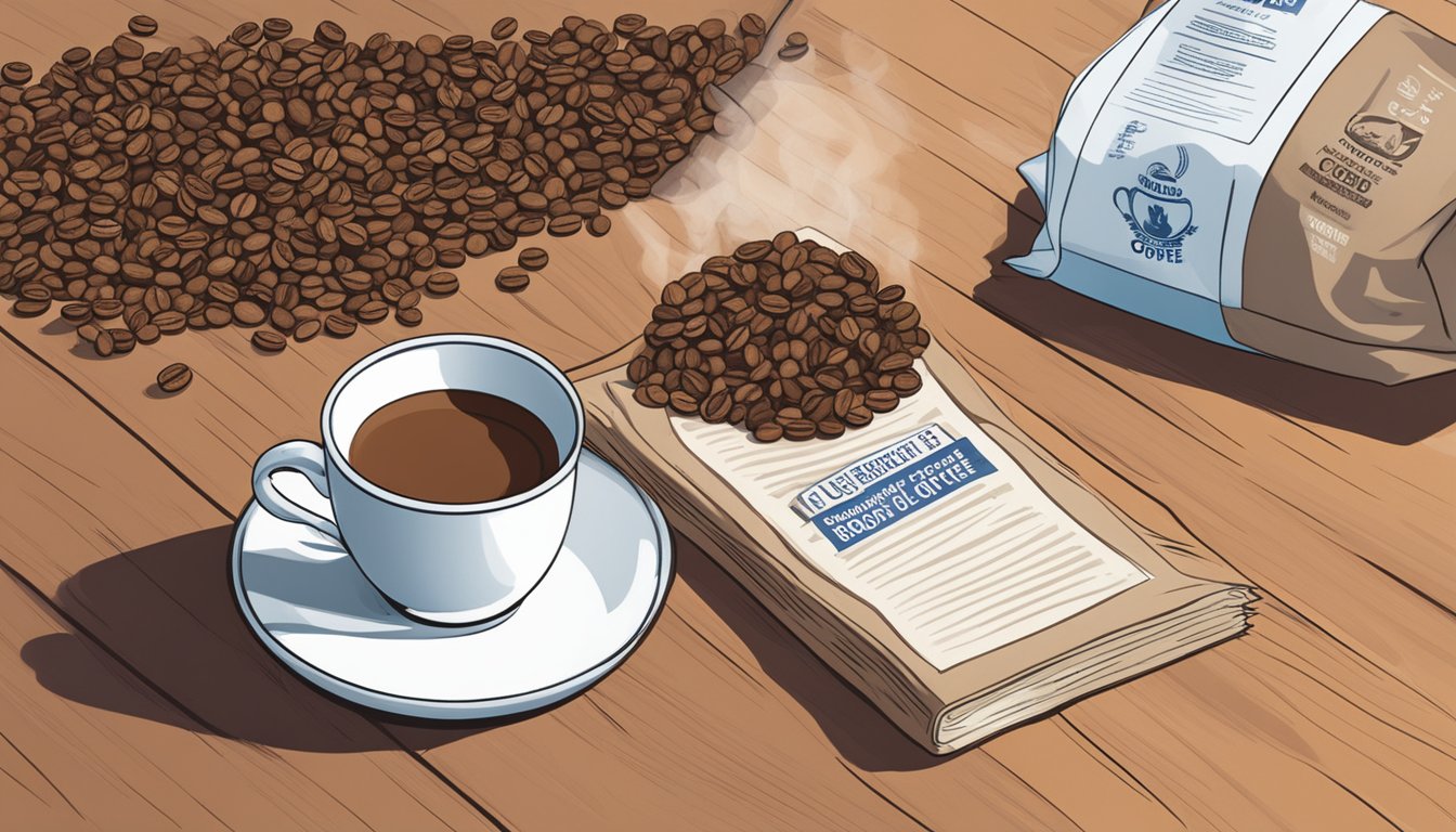 A steaming cup of chicory root sits on a table, next to a bag of coffee beans. A small sign reads "Substitute Chicory Root for Coffee" with a list of potential side effects