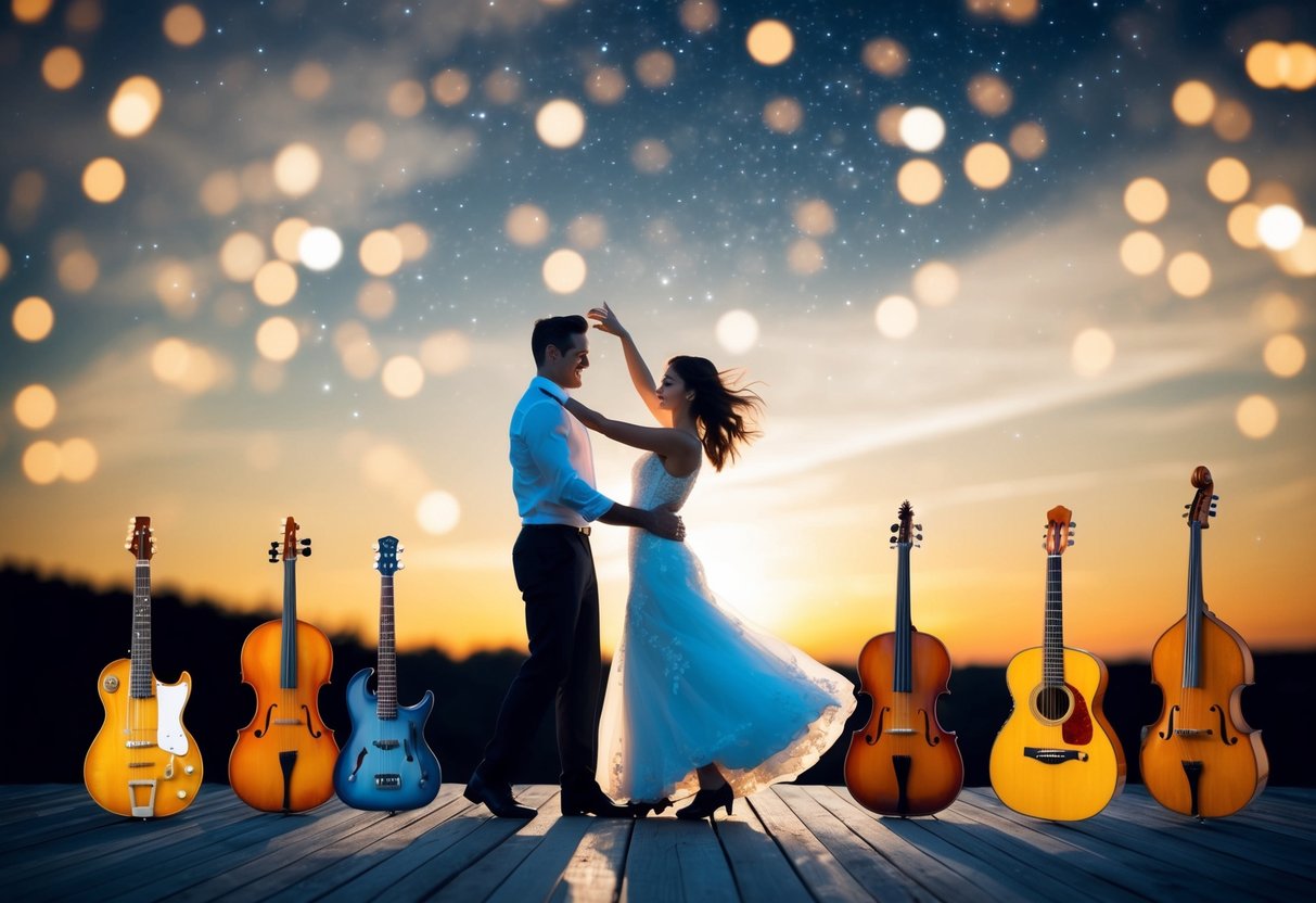 A couple dancing under a starry sky, surrounded by different musical instruments symbolizing diverse genres of music