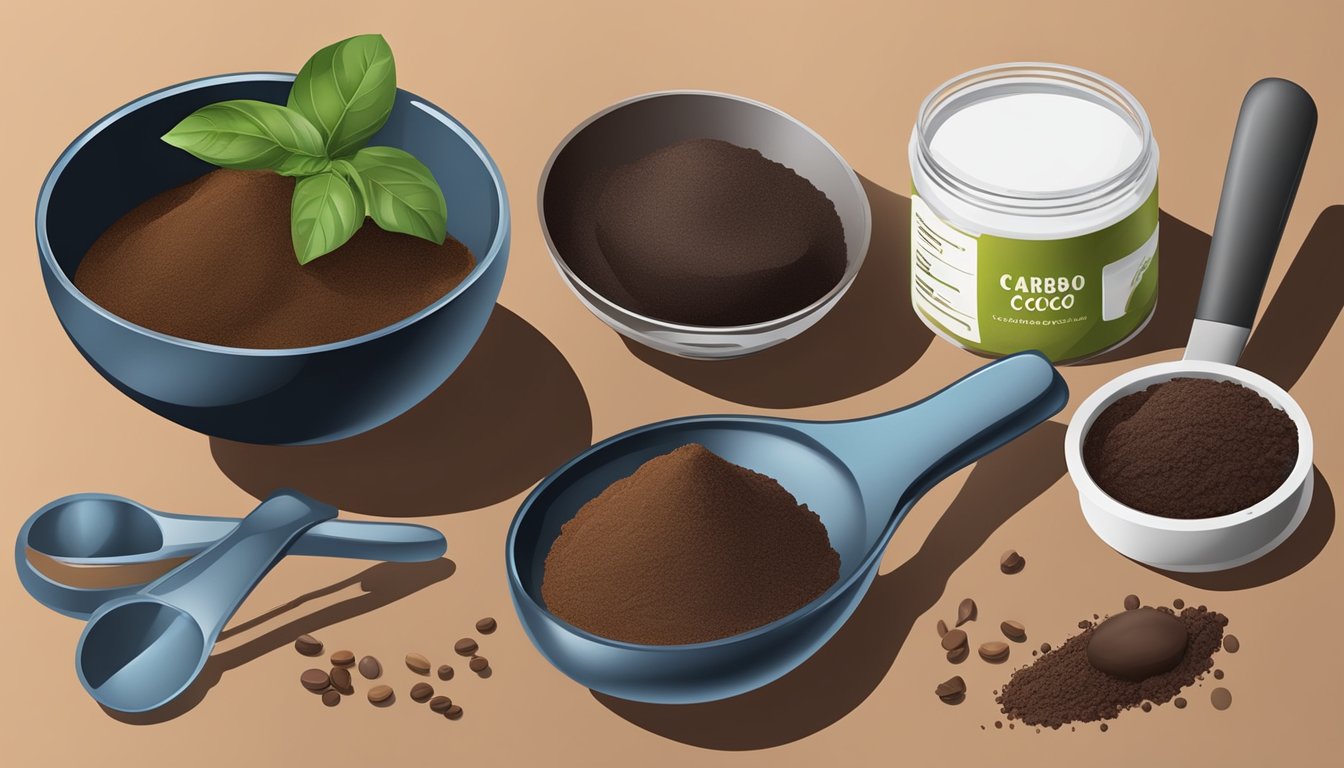 A kitchen counter with various ingredients like carob powder, unsweetened chocolate, or black cocoa powder. A measuring spoon and mixing bowl are also present