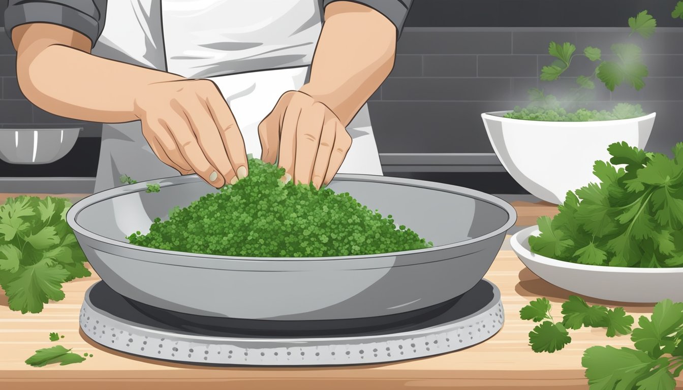 Fresh cilantro leaves being chopped and sprinkled over a dish, replacing parsley in a culinary setting