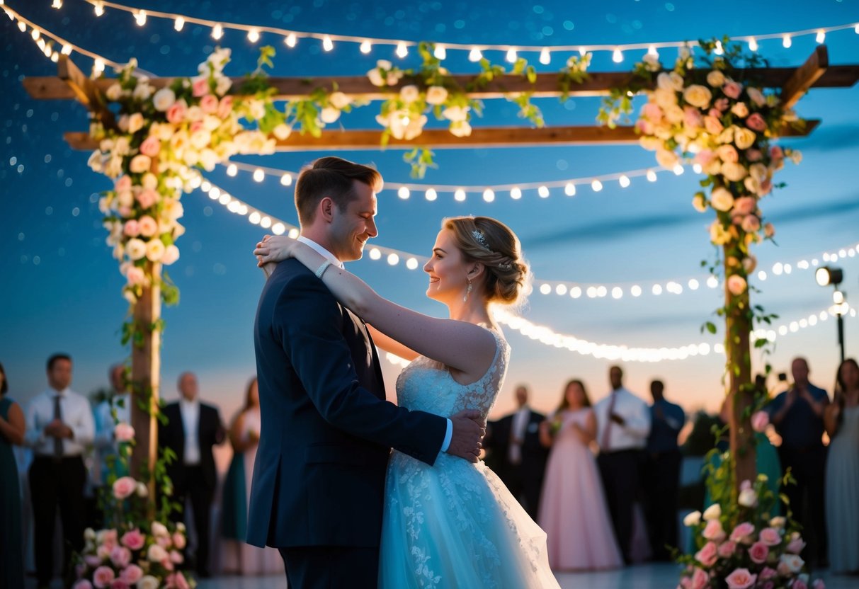 A couple dances under a starry sky, surrounded by blooming flowers and twinkling lights, as soft music fills the air