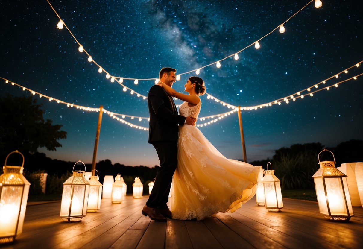 A couple dancing under a starry night sky, surrounded by glowing lanterns and a soft, romantic ambiance